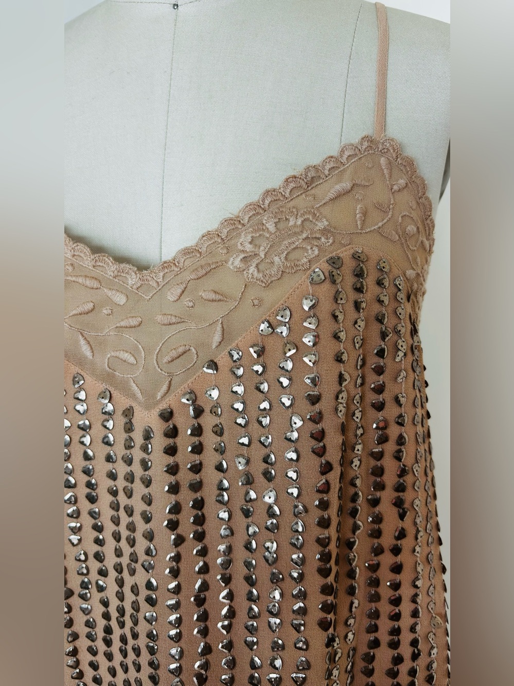 Womenβs Sequined Chemise with Embellished Lace in Nude